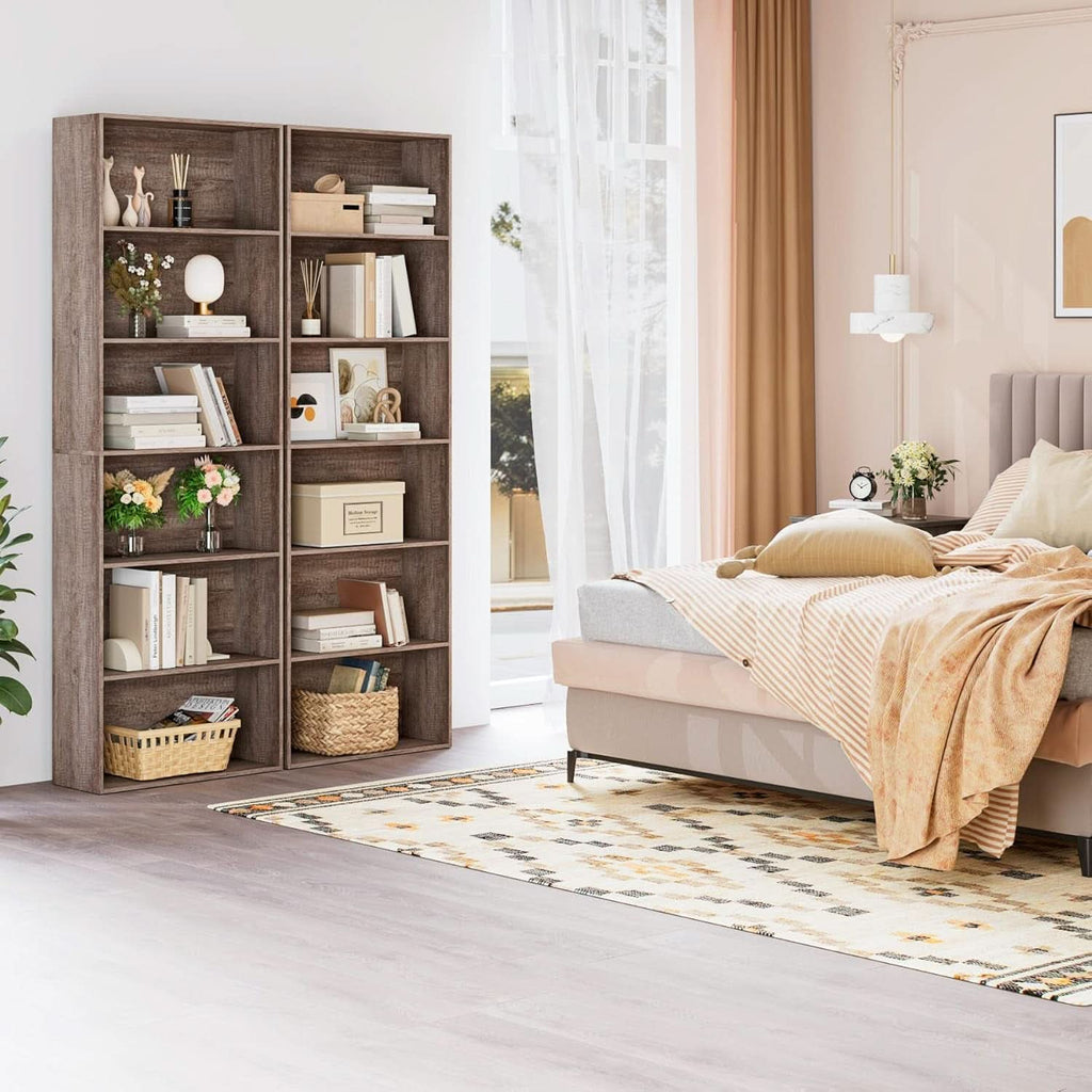 Gray oak 6-tier open bookcase freestanding wooden shelving unit for home office and bedroom storage — view 5