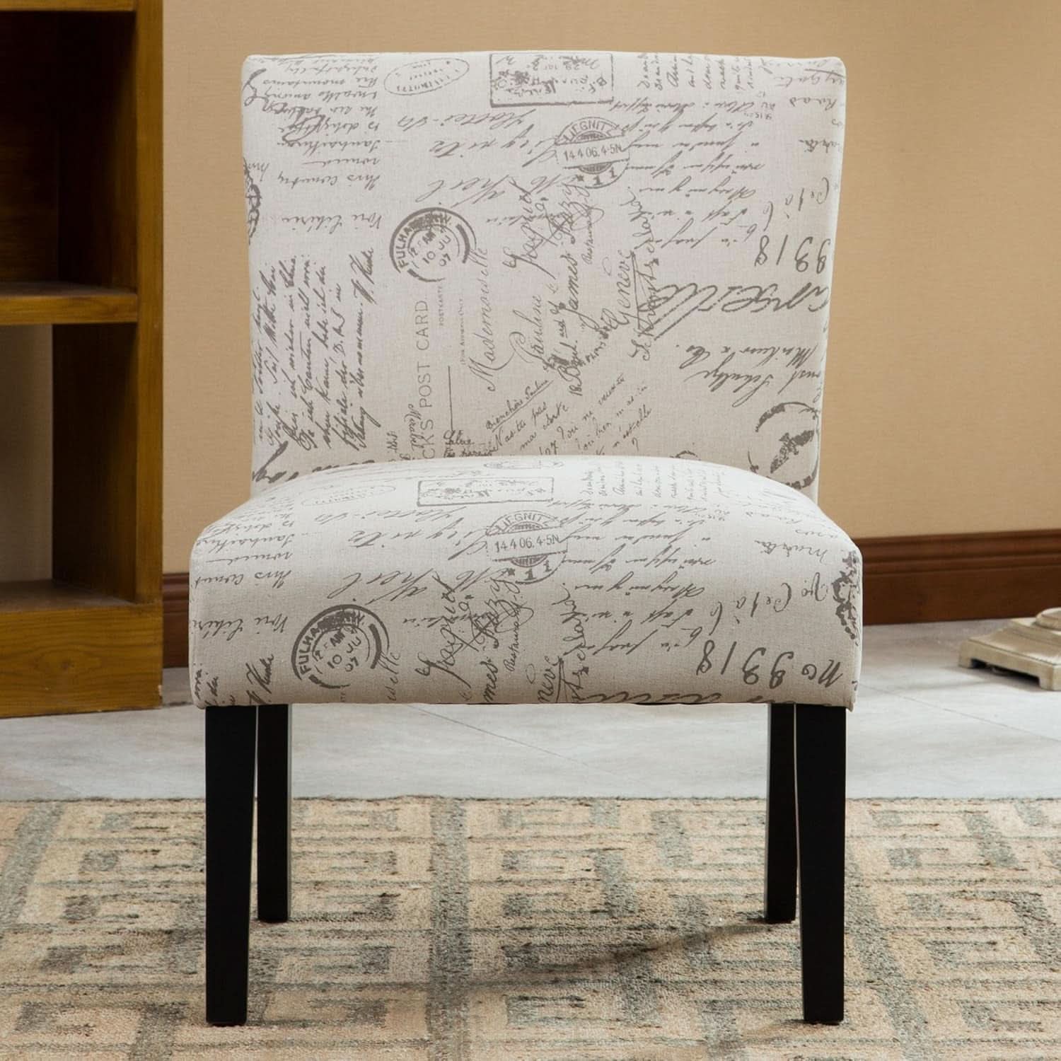 Armless script print accent chair with espresso wooden legs and padded fabric seat — view 2