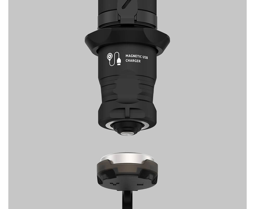 Armytek Dobermann Pro tactical flashlight in black aluminum with magnetic USB charger and battery — view 3
