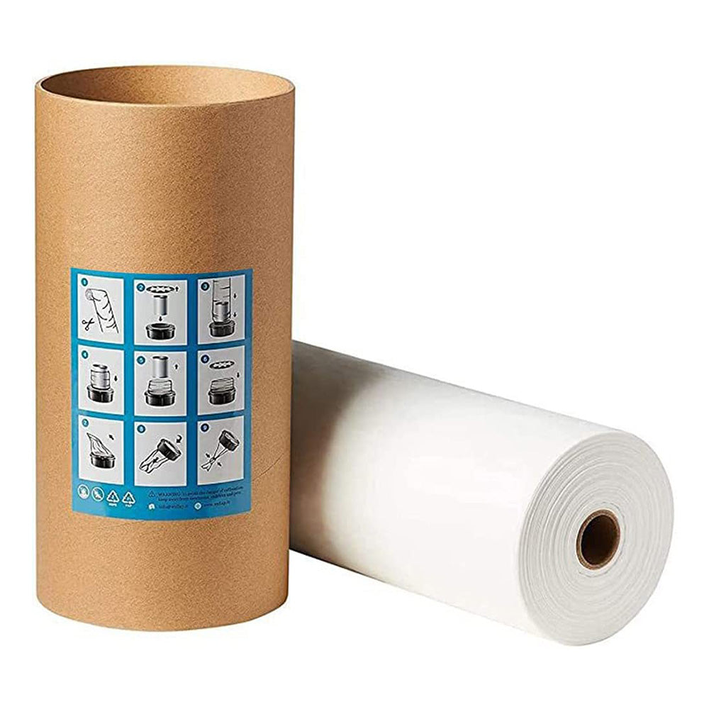 Nappy bin refill roll in white PE material shown with compatible cardboard paper tube