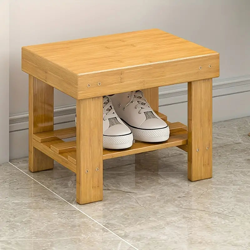 Classic bamboo storage stool, compact wooden square shoe changing bench and organizer. — view 4