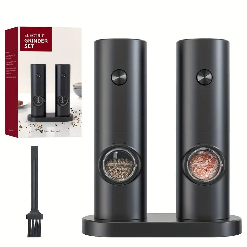 Two compact plastic electric pepper grinder and sea salt mills with one-touch button operation