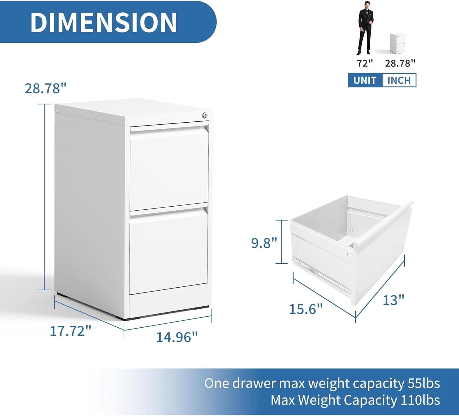 White 2-drawer metal vertical file cabinet with secure lock for home office document storage — view 3