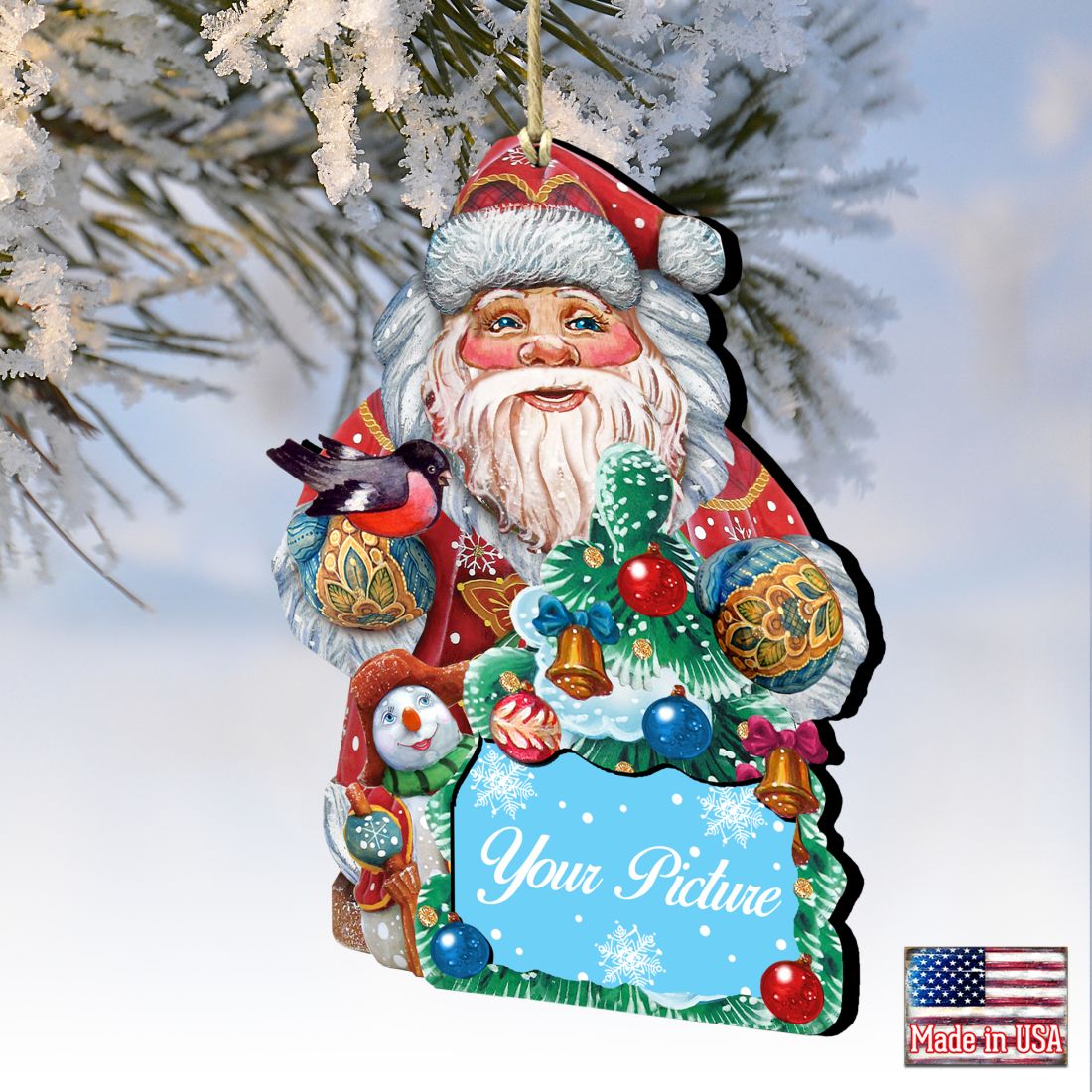 Handcrafted wooden Santa and snowman Christmas tree picture frame ornament holding a photo — view 2