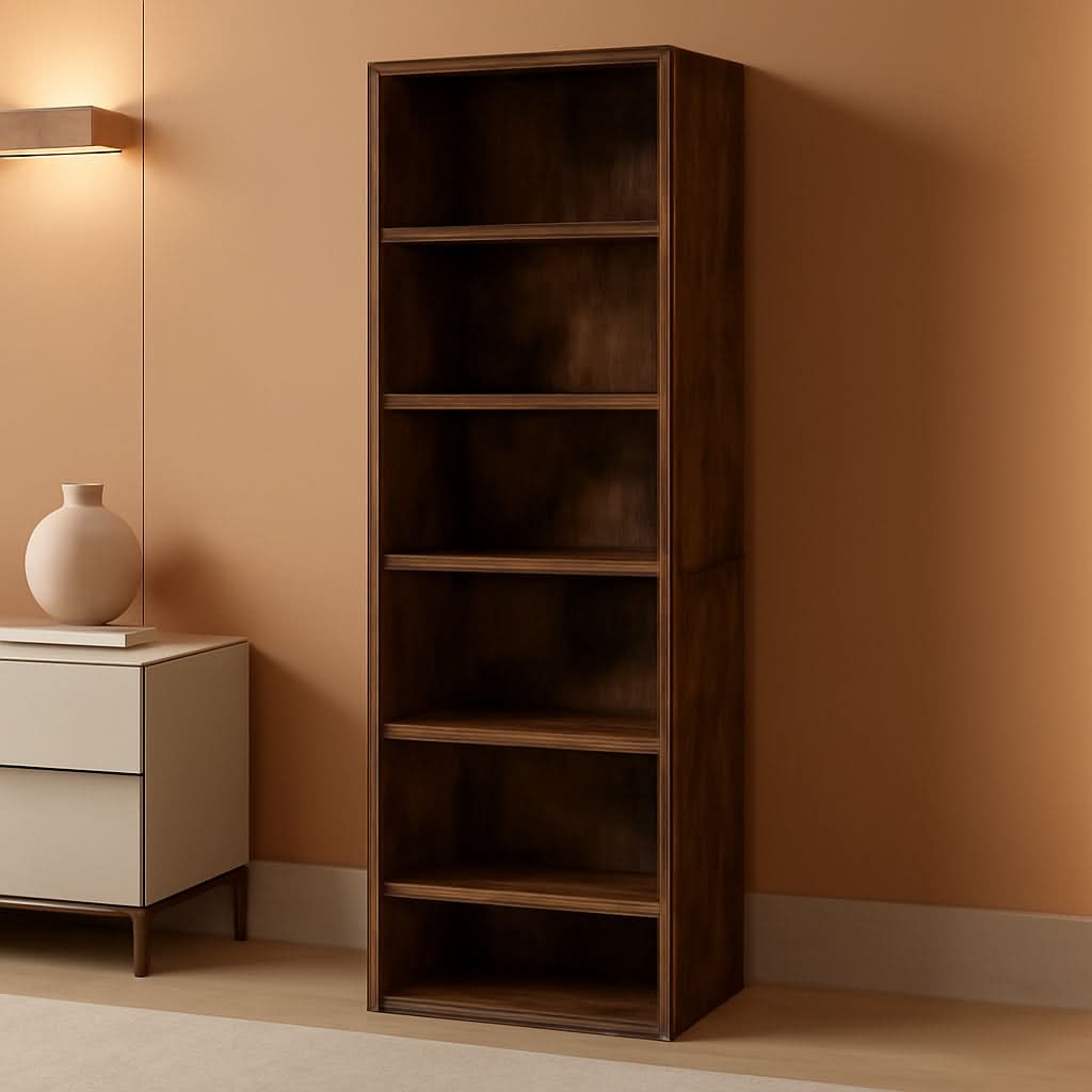 Amber Pine six-tier tall narrow bookcase holding books and decor in a living room corner