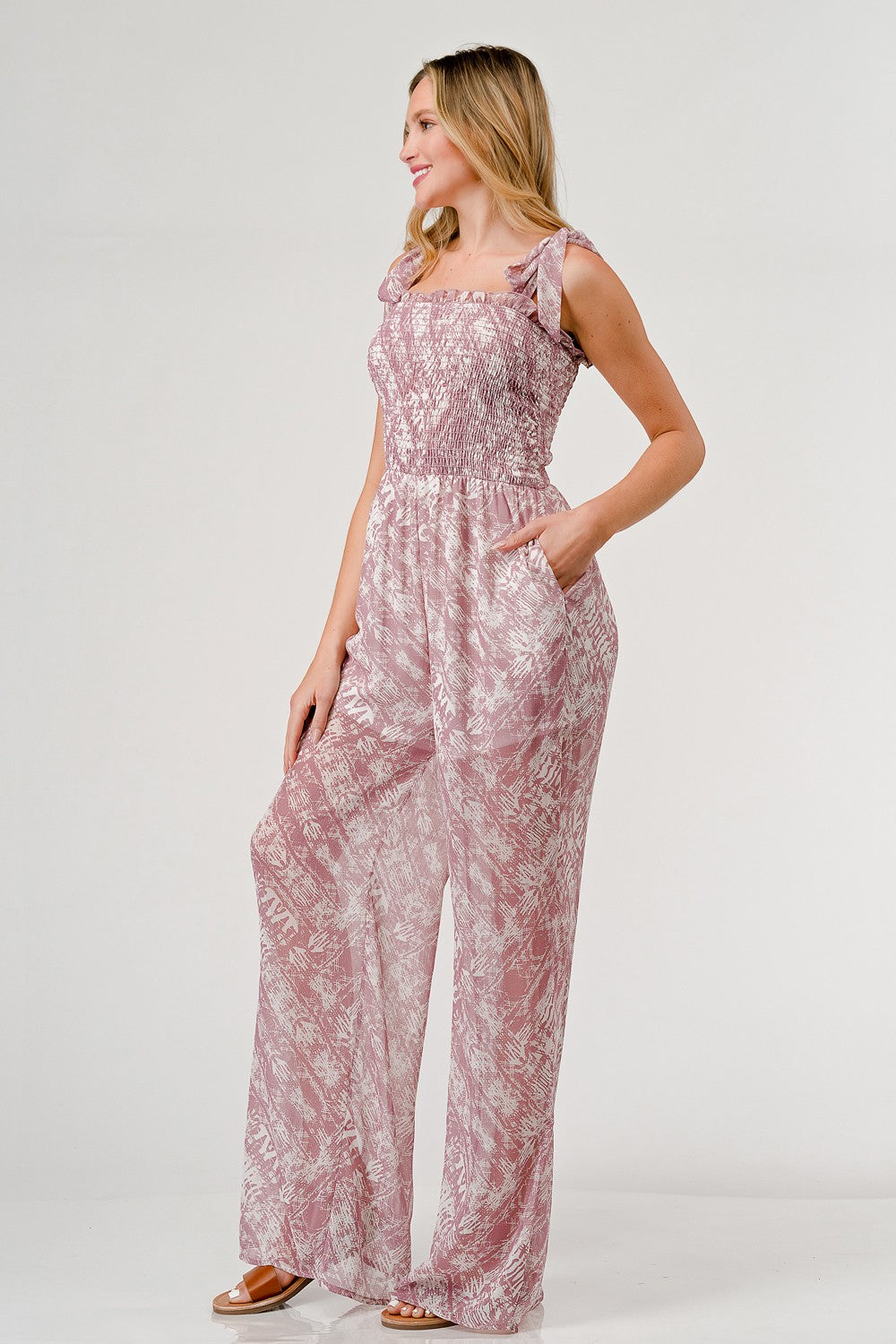 Printed tie shoulder wide leg jumpsuit in lightweight rayon with pockets and smocked details — view 4