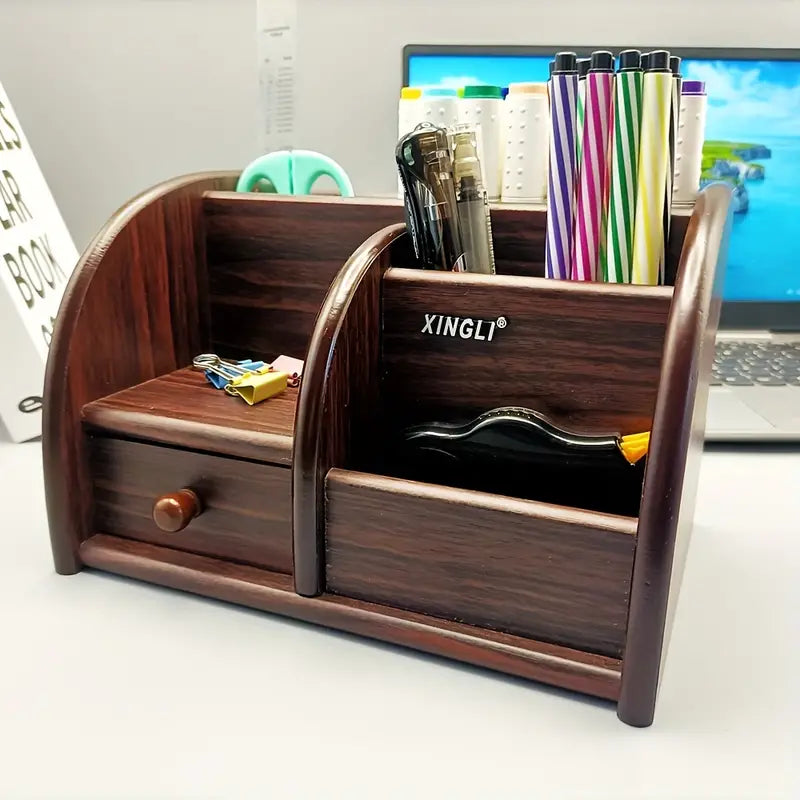 Wooden desk file organizer in dark brown finish with a drawer, document slots, and pen holder — view 4