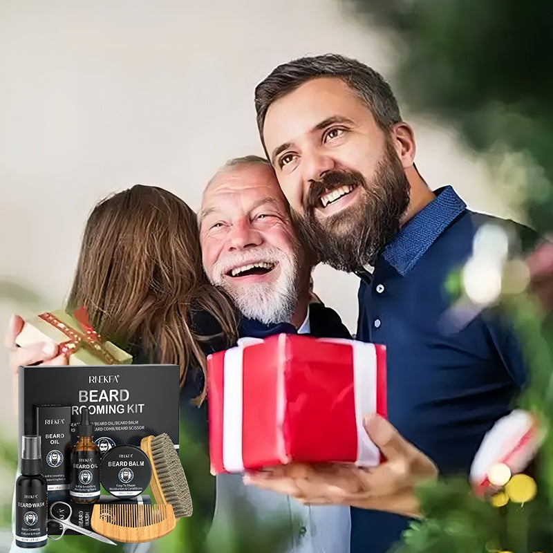 Complete men's beard grooming kit including oil, balm, brush, comb, scissors, and storage travel bag — view 2