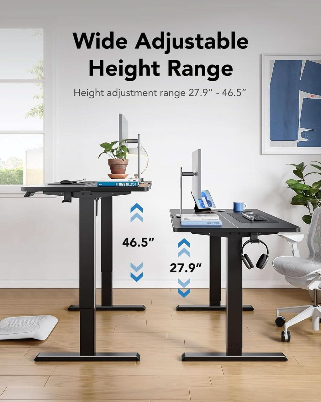Black 48 inch electric standing desk with steel frame, programmable keypad, and dual storage hooks — view 5
