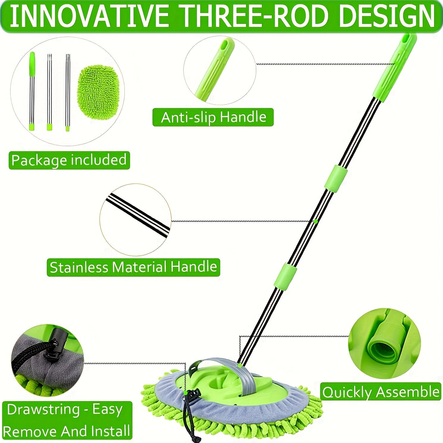 Green 120cm long handle microfiber car wash brush mop kit for cleaning vehicles — view 4