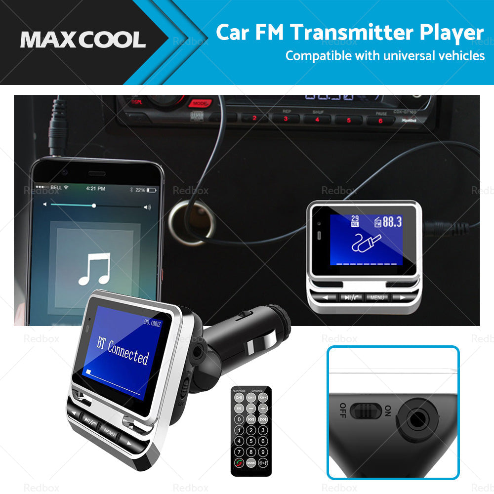 Bluetooth car FM transmitter with LCD screen and remote control plugged into a dashboard