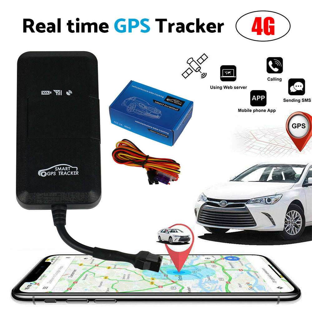 Black compact 4G vehicle GPS tracker device with connecting wire and installation cable — view 3