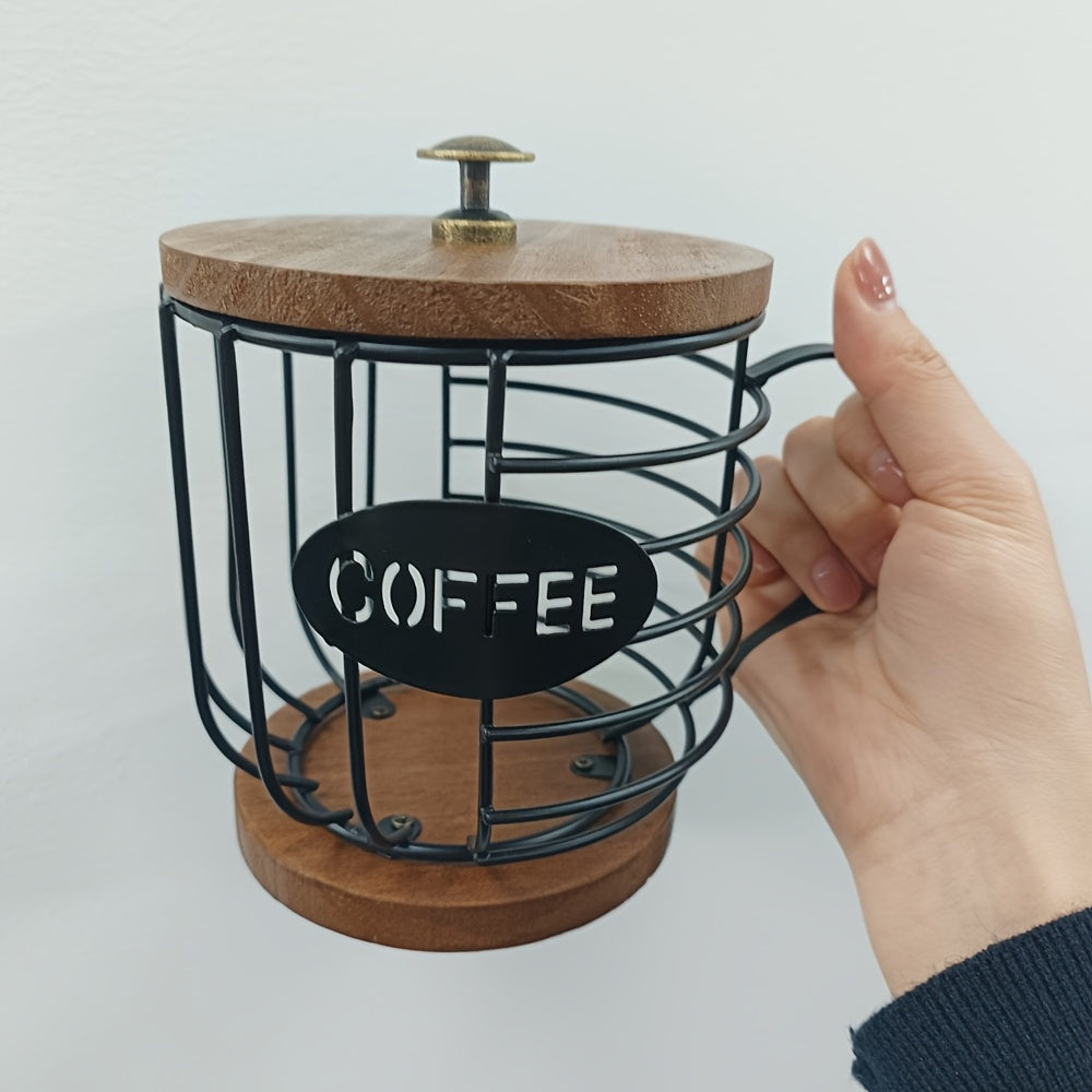 Coffee pod holder with wooden base and metal wire basket for kitchen countertop organization. — view 3