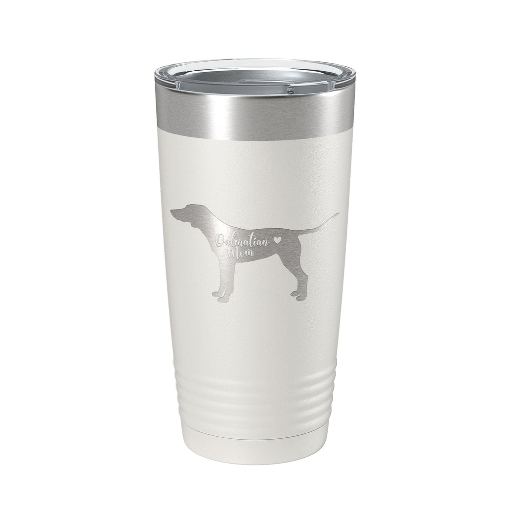 Black 20oz insulated stainless steel Dalmatian mom tumbler with clear lid and laser engraved design — view 2