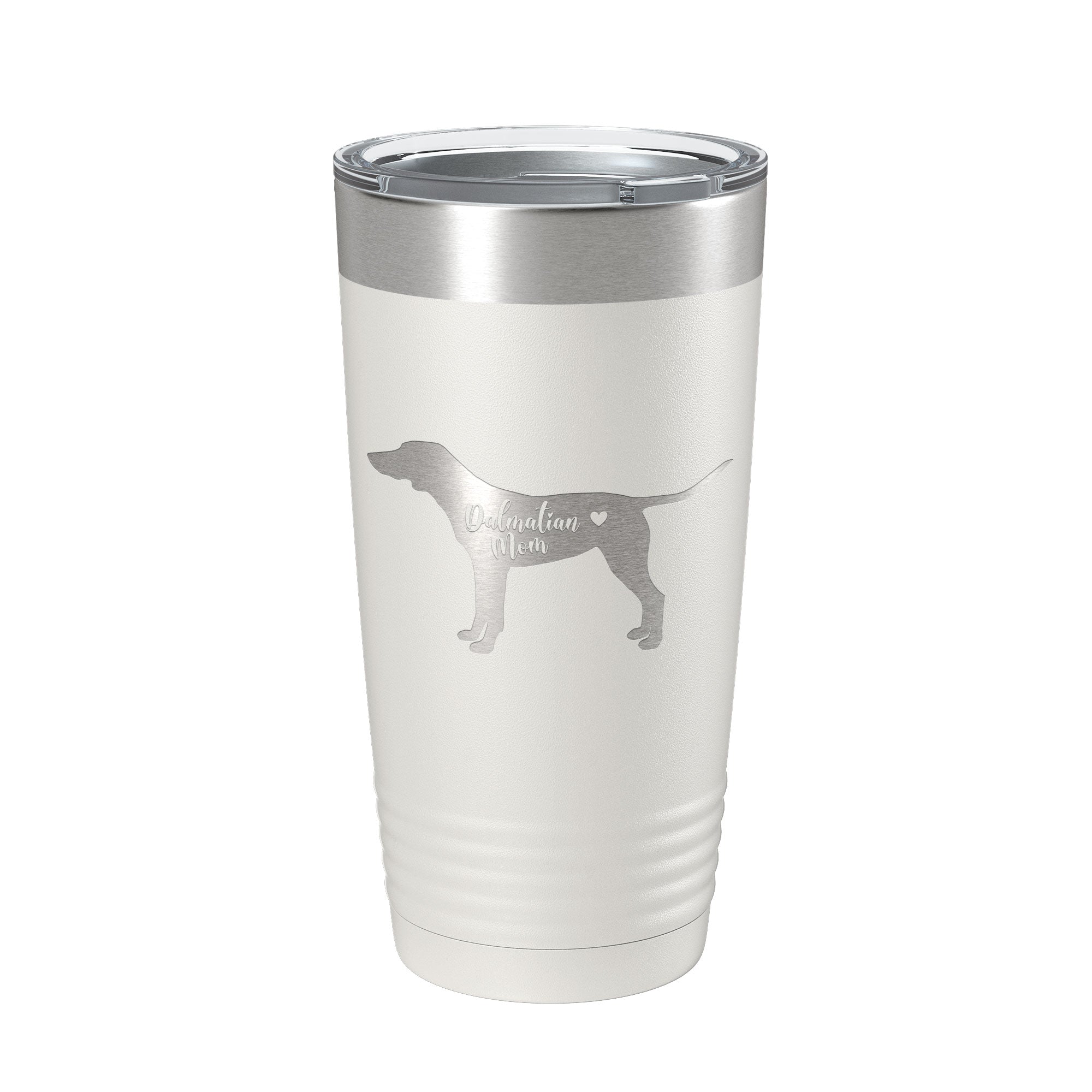 Black 20oz insulated stainless steel Dalmatian mom tumbler with clear lid and laser engraved design — view 2