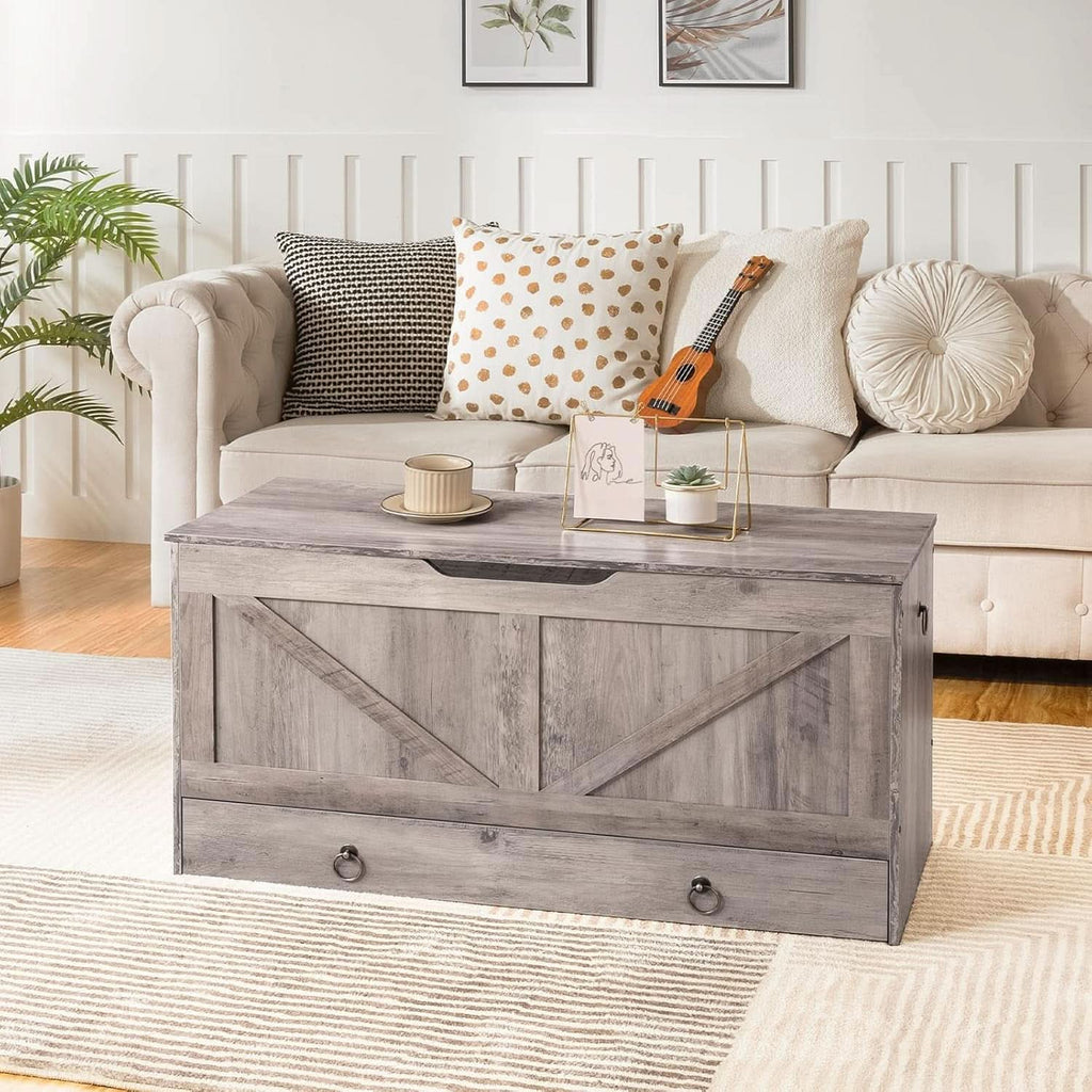 Greige solid wood storage bench toy chest with a bottom sliding drawer and U-shaped opening — view 5