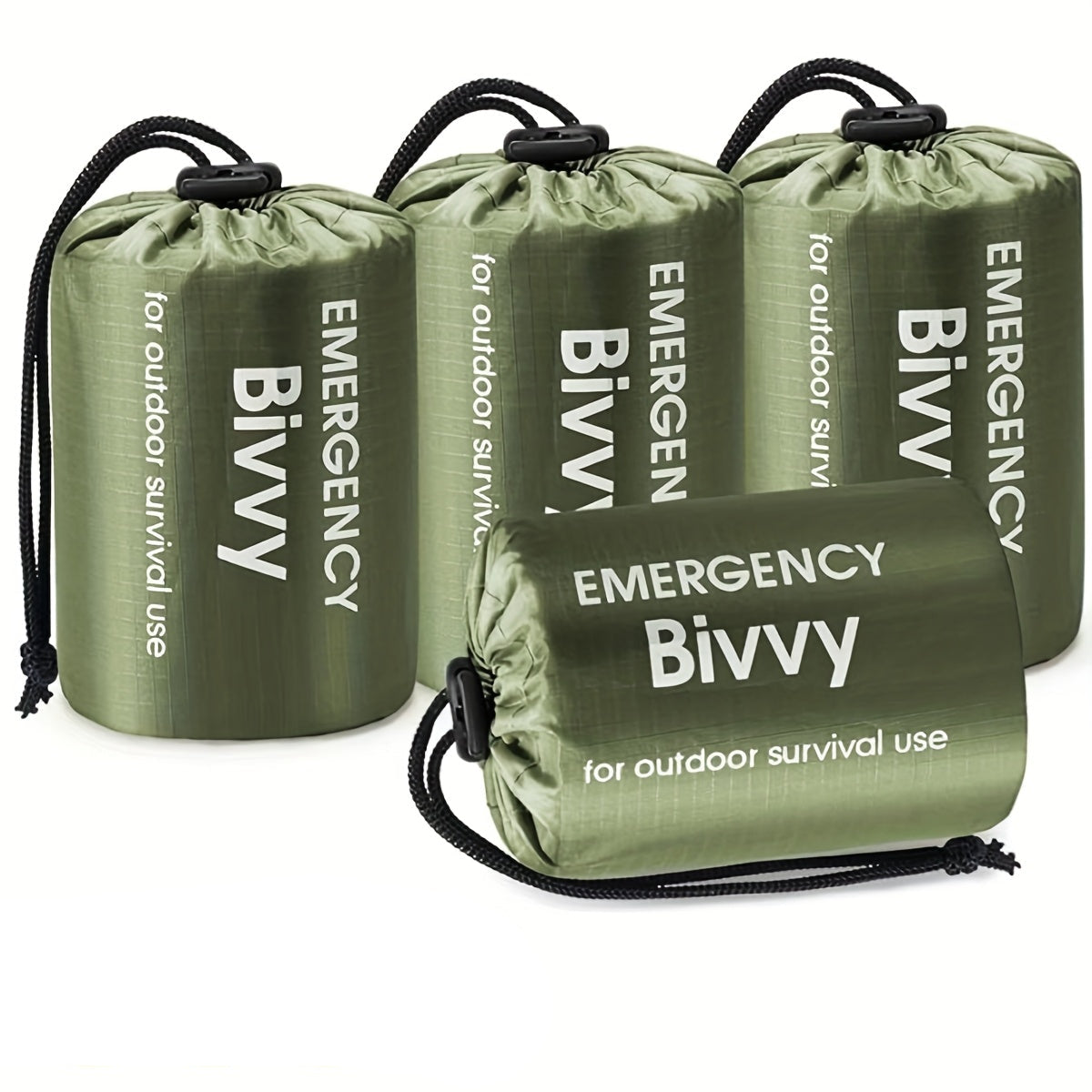 Green outdoor camping sleeping bag set with compass and whistle, four pack rectangular polyethylene design.