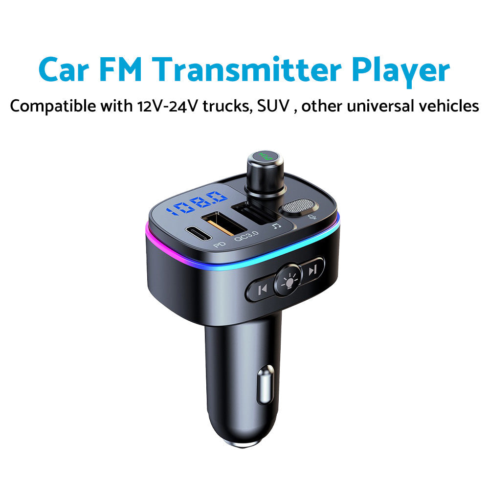 Black wireless Bluetooth FM transmitter car adapter with digital display and LED ring light. — view 2