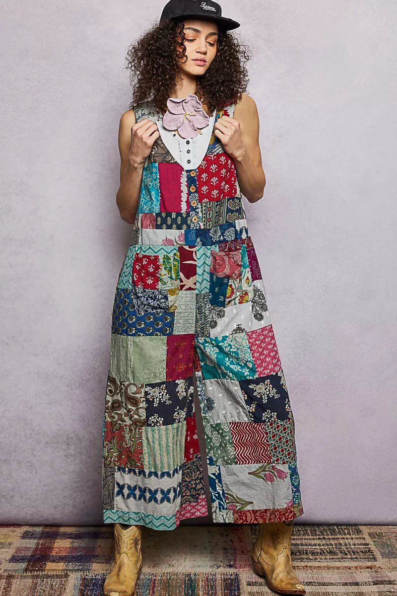 POL sleeveless patchwork wide leg jumpsuit in 100% cotton with deep V-neck and patch pockets — view 2