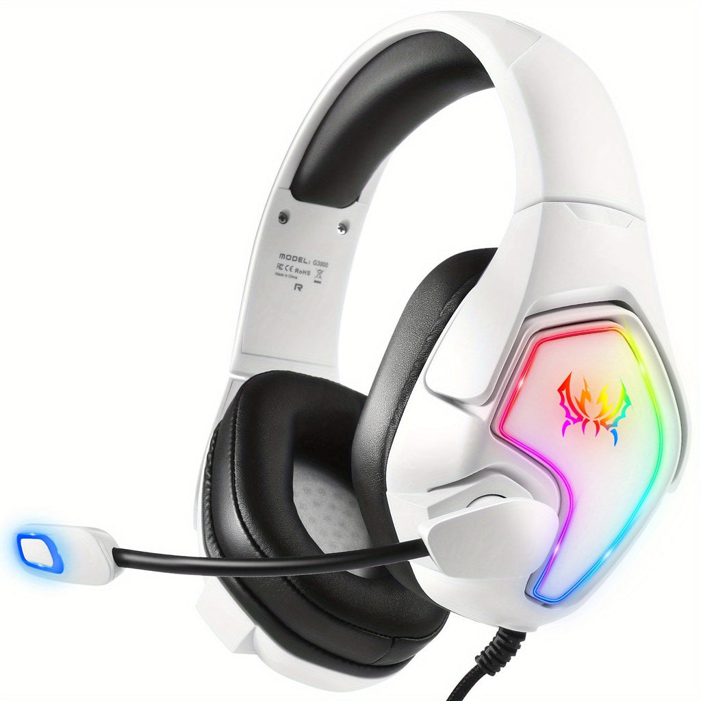 White NNETM gaming headset with RGB lighting, flexible microphone, and plush over-ear earmuffs