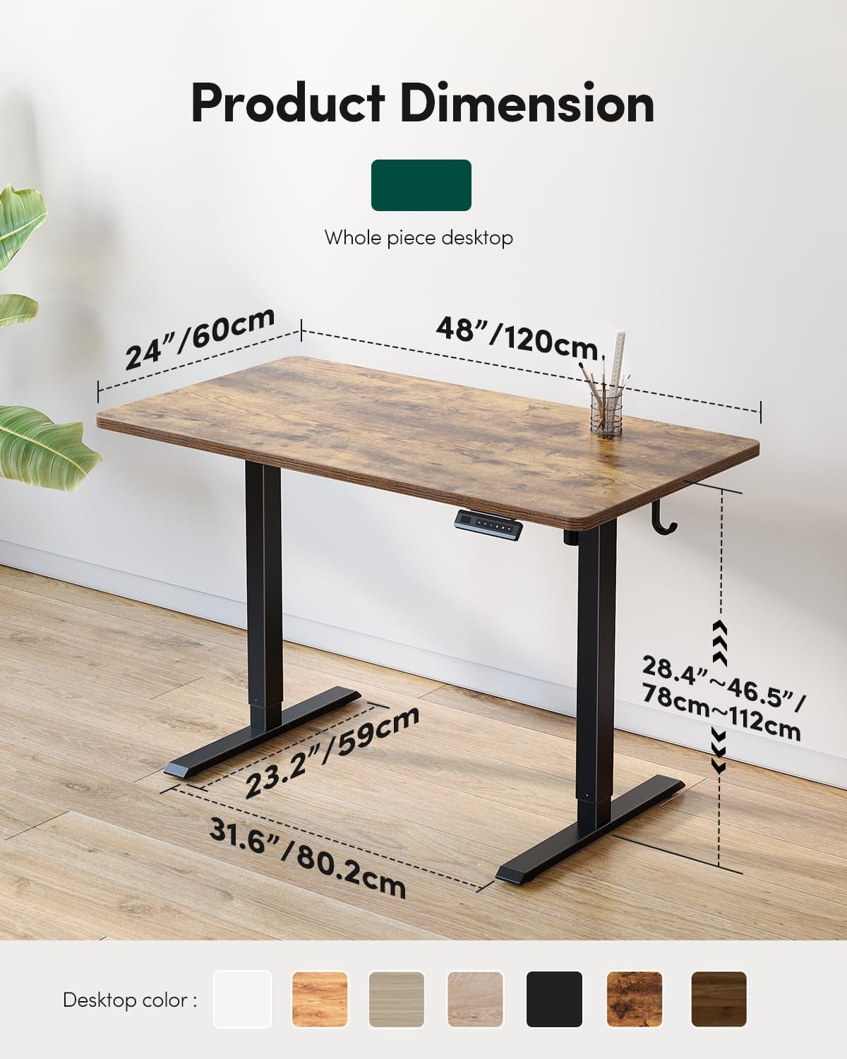 Large 48x24 electric standing desk in rustic brown with solid one-piece desktop and steel frame — view 2