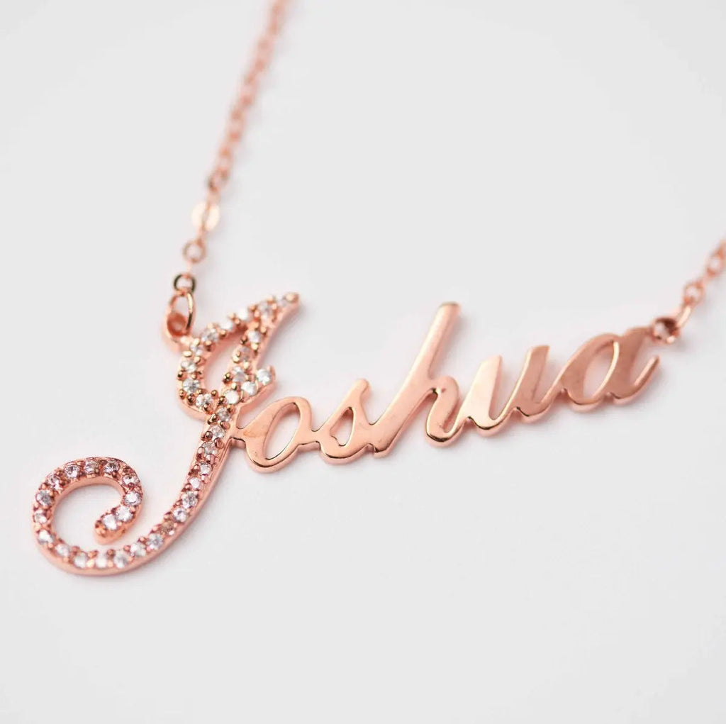 Personalized full silver diamond pendant necklace displaying custom nameplate on adjustable chain — view 2