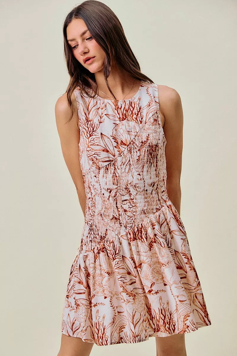 SO ME Shell Print Smocked Fit And Flare Mini Lined Dress-0