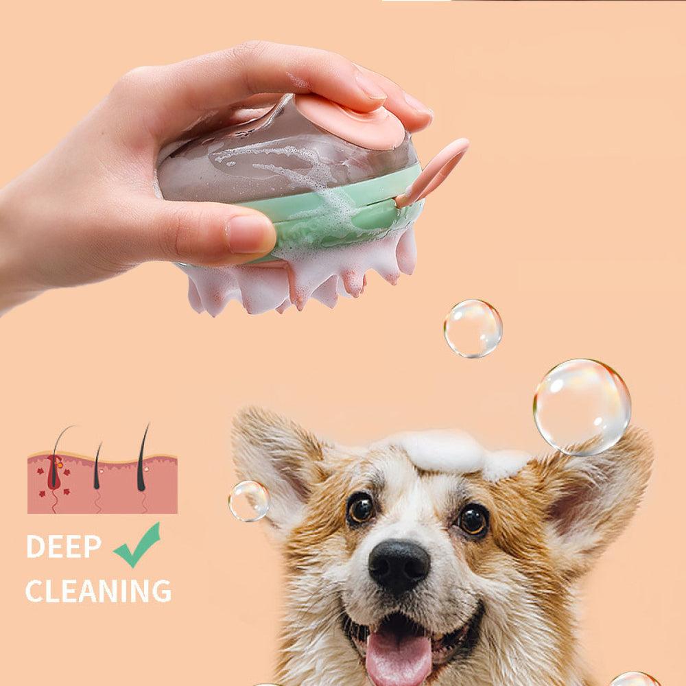 Compact two-in-one silicone pet grooming brush and shampoo dispenser with soft massaging bristles. — view 2