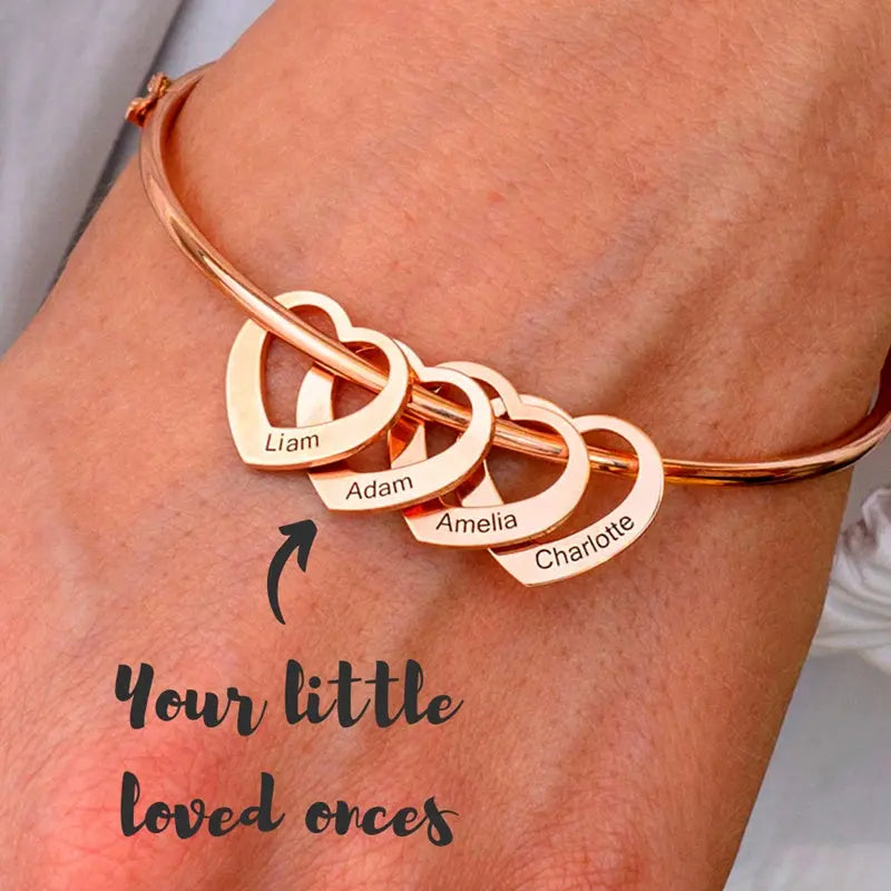 Personalized titanium steel love bracelet with an engraved peach heart charm in a metallic finish — view 3