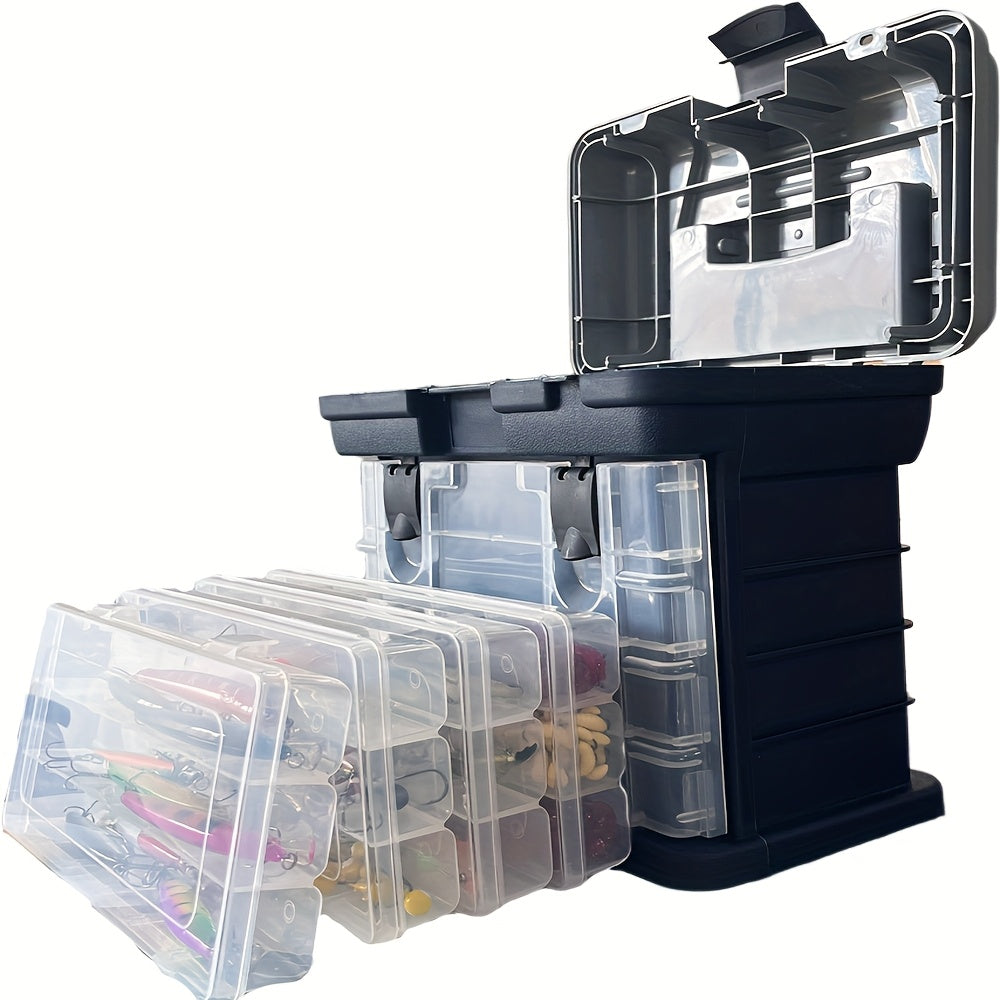 Grey 4-tier portable fishing tackle storage box with transparent multi-compartment organizer for bait and accessories — view 5
