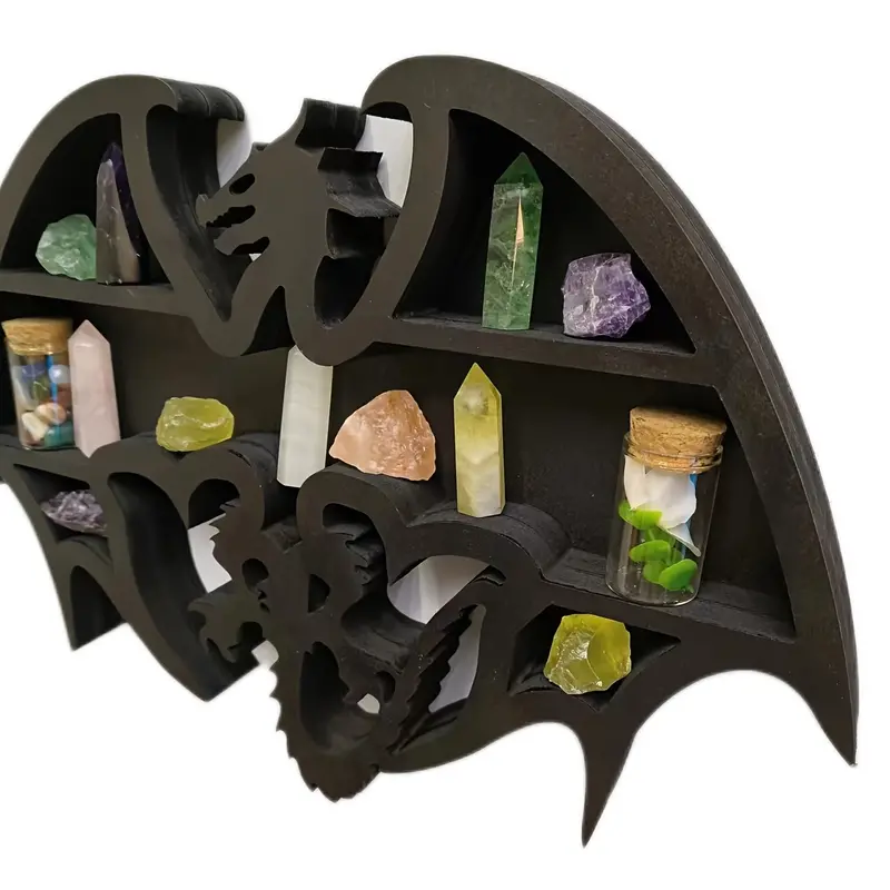 Handcrafted wooden dragon shaped crystal wall display shelf with natural wood grain finish — view 2