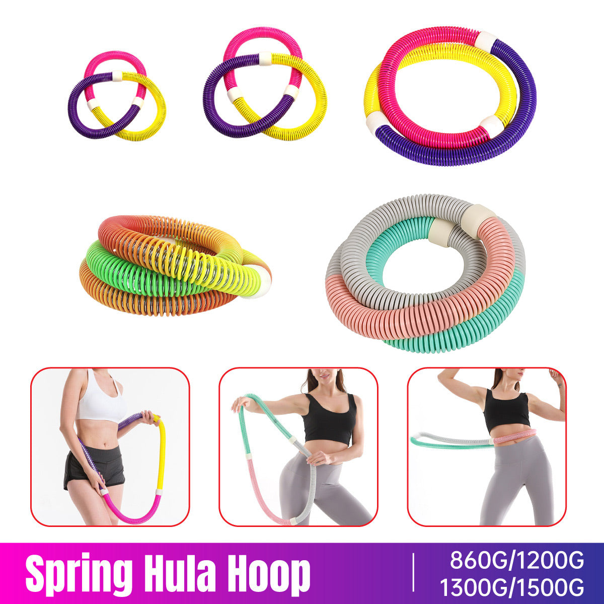 Soft weighted hula hoop in vibrant multicoloured flexible plastic showing adjustable spring resistance design