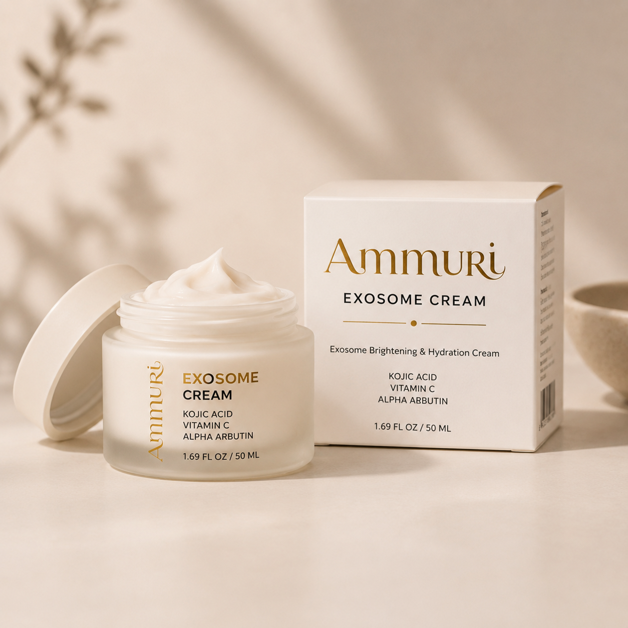 Ammuri Exosome Brightening Cream jar for hyperpigmentation and dark spot correction on face and body.