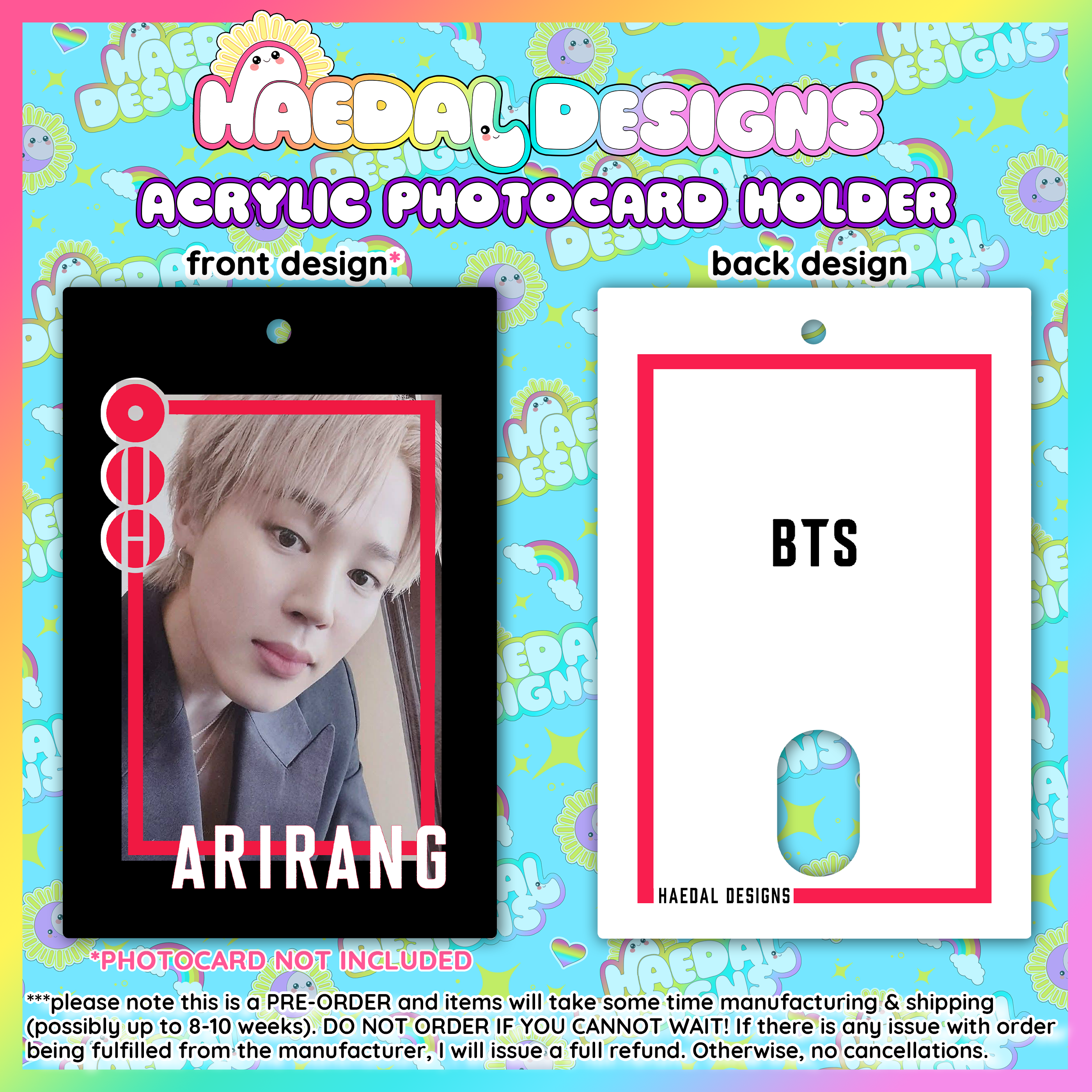 BTS Arirang acrylic photocard holder keychain with bold red frame and minimalist display layout. — view 11