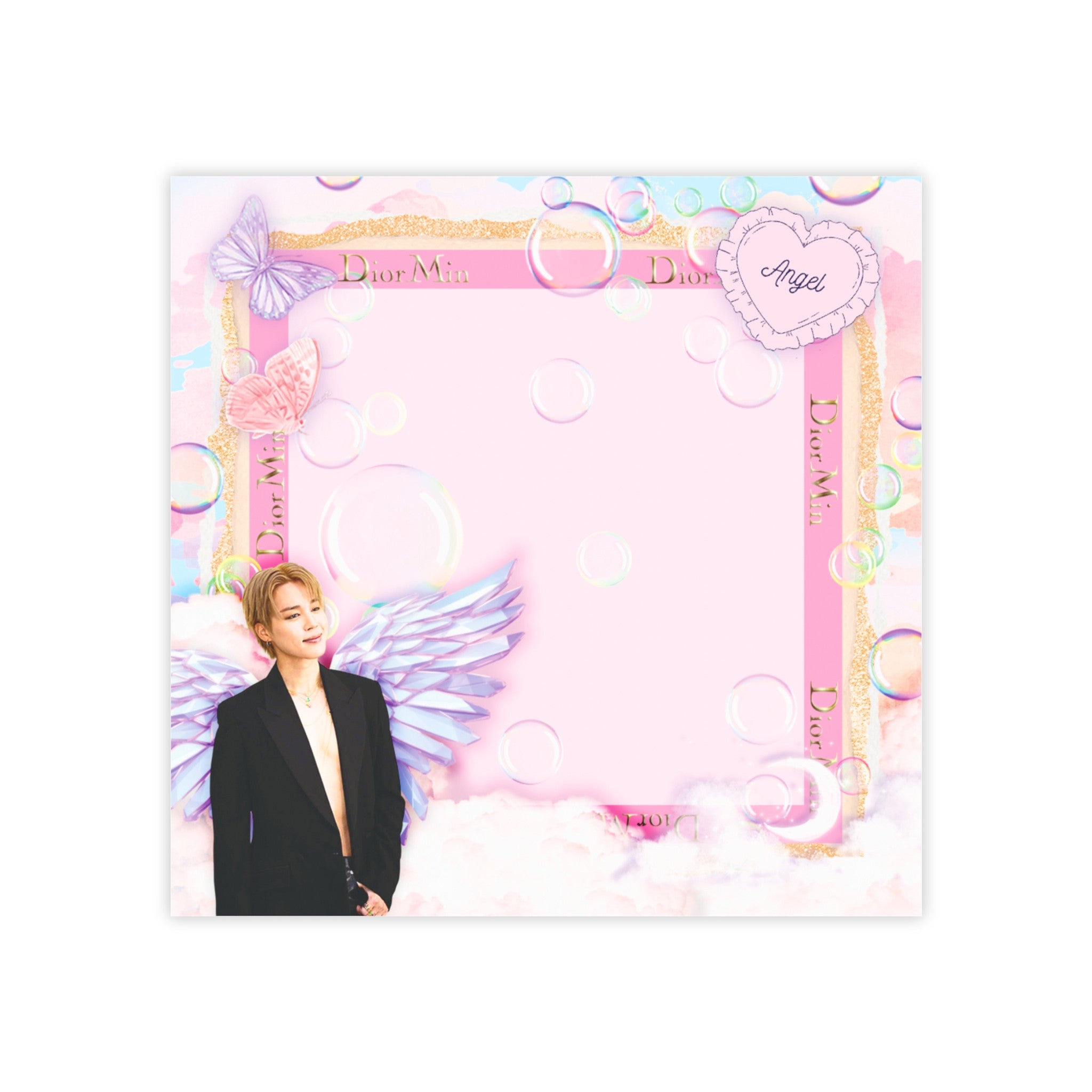 Pastel pink DiorMin Paris sticky notes with gold text borders, butterflies, and bubble clouds