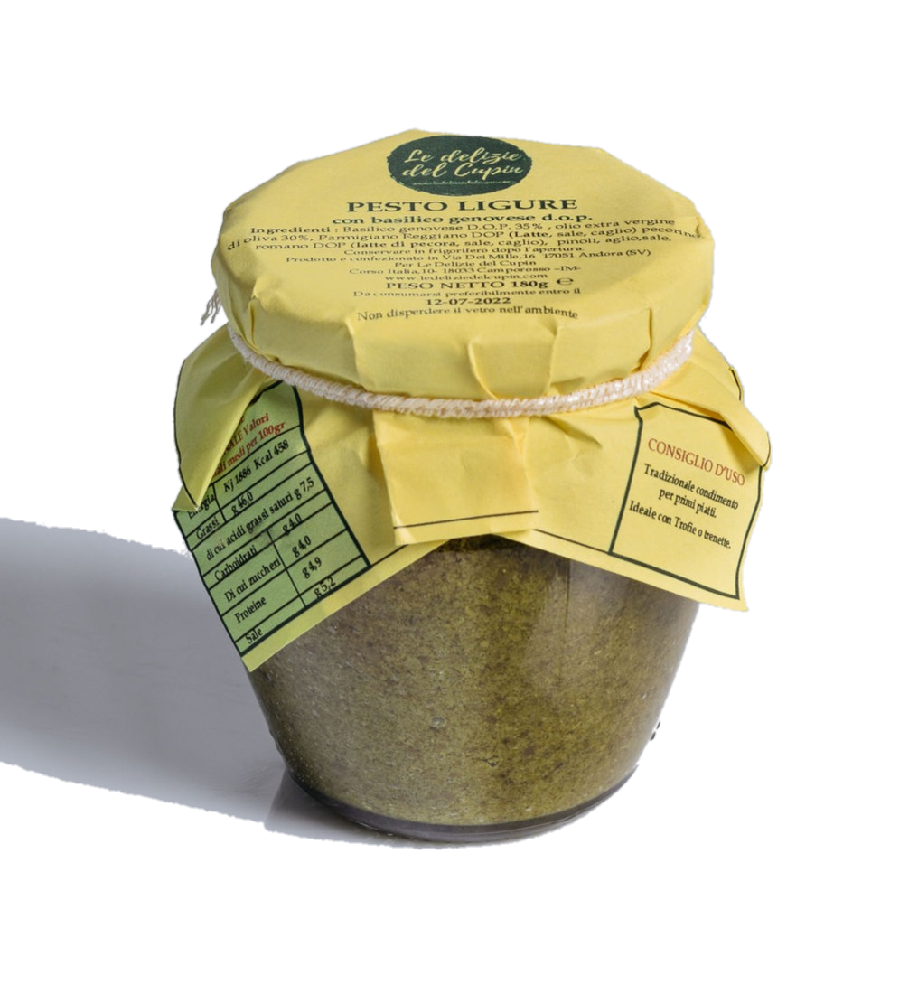 Ligurian Pesto 180g glass jar featuring fresh Genoese basil and premium Italian cheeses.