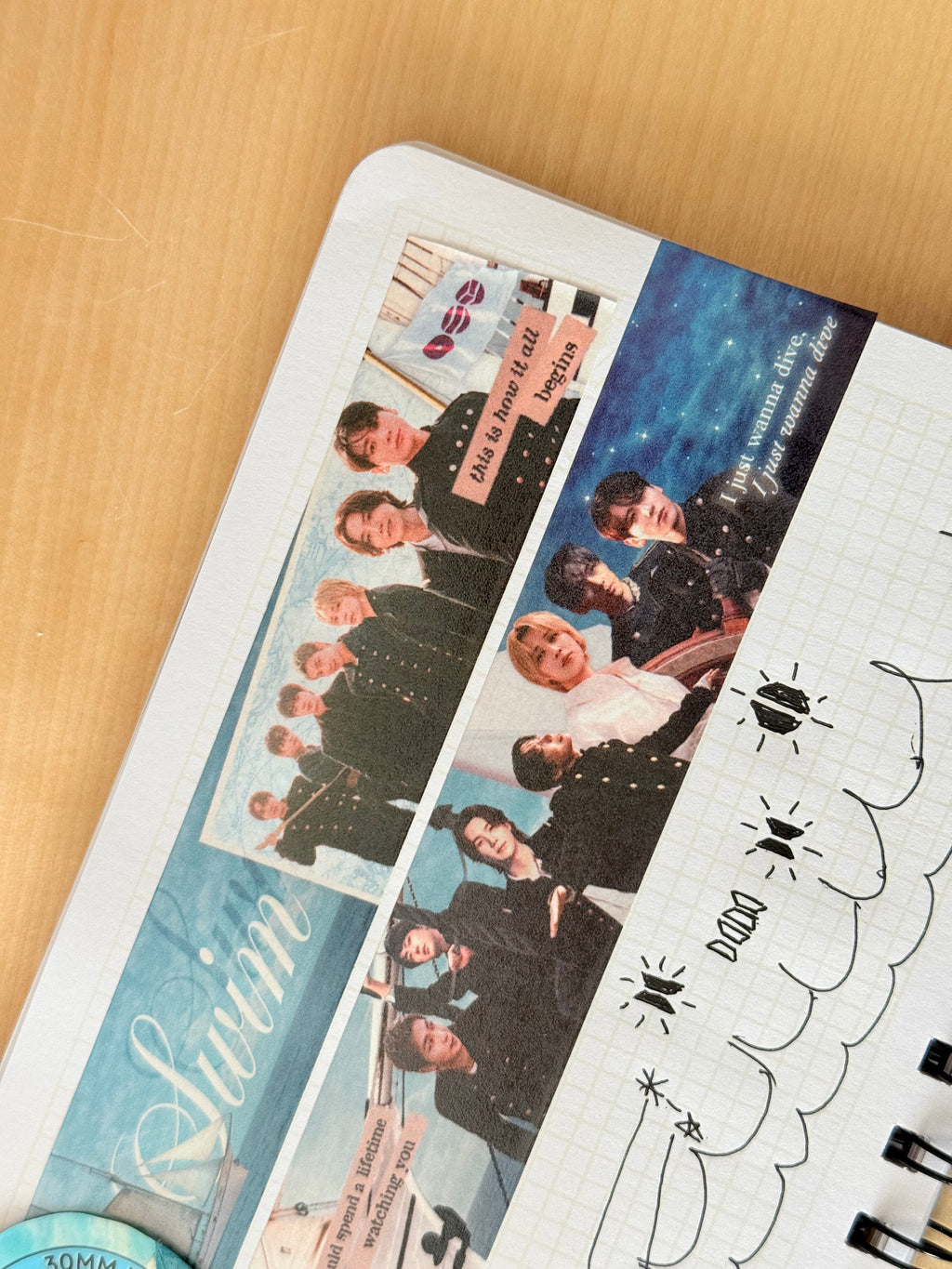 Roll of ocean inspired BTS SWIM washi tape for journaling and photocard decorating, 30mm wide — view 6