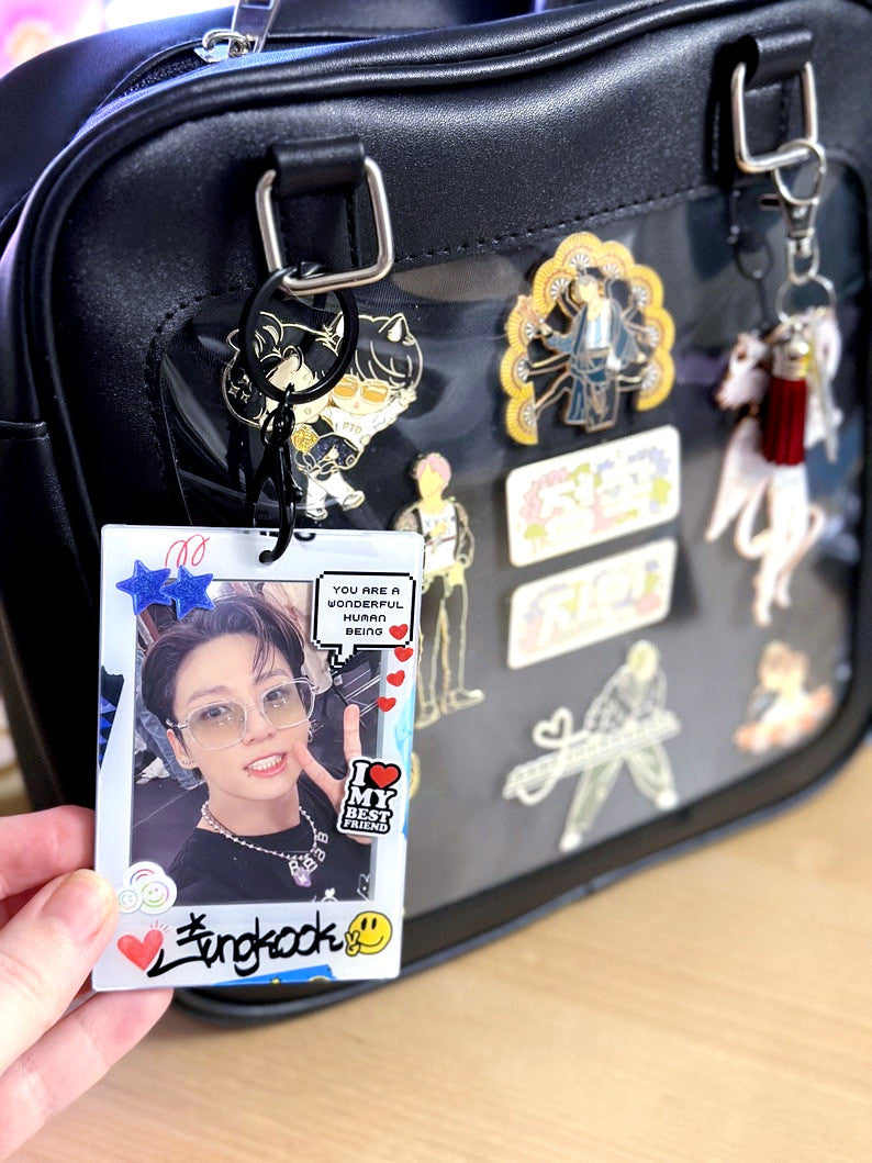Clear acrylic Jungkook polaroid photocard holder keychain with black ball chain and claw clasp — view 7