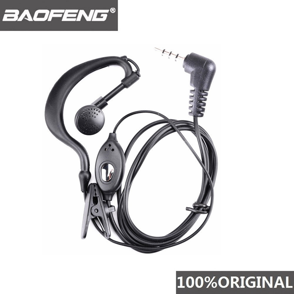 Black two-way radio earpiece headset with microphone and standard Y-port connection wire for hands-free use