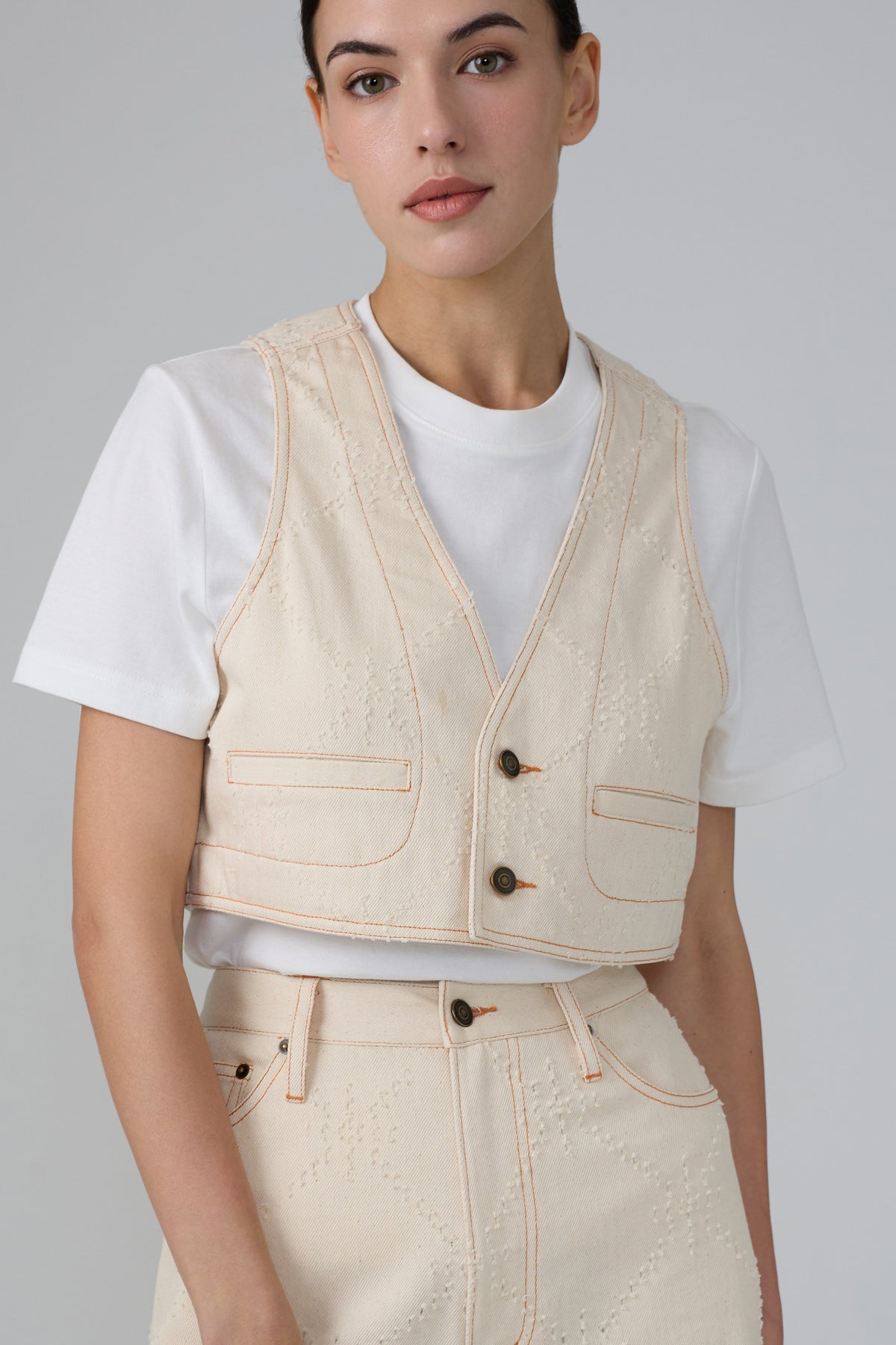 Art of Mending Texture Ecru Denim Vest-4