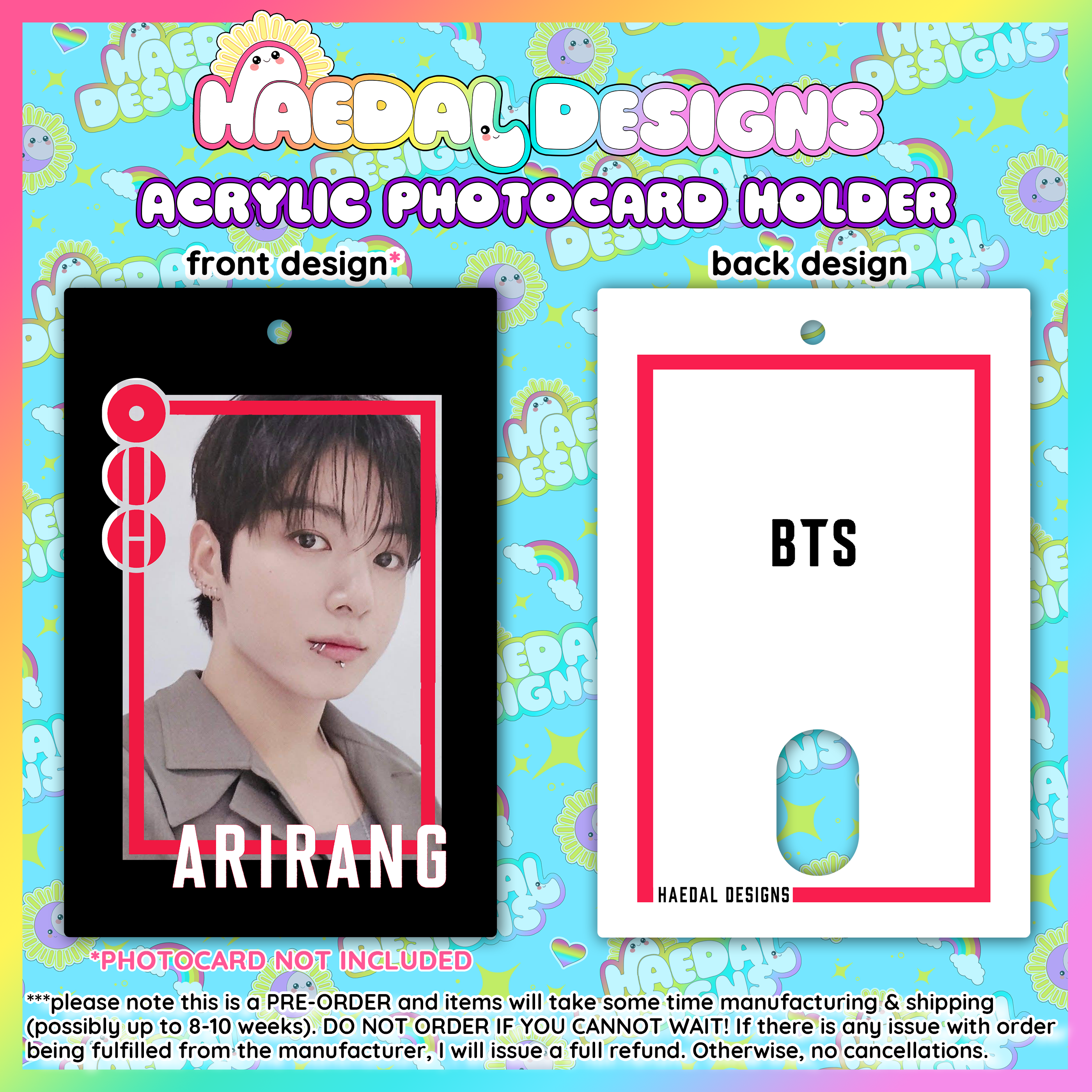 BTS Arirang acrylic photocard holder keychain with bold red frame and minimalist display layout. — view 13
