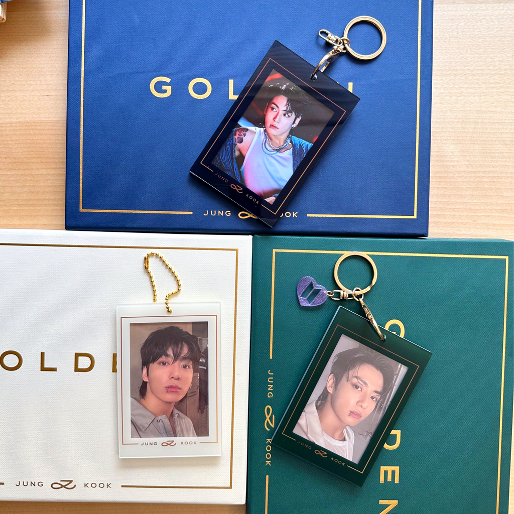 Jungkook Golden acrylic photocard holder keychain with gold ball chain clasp and cute decorative charm — view 2