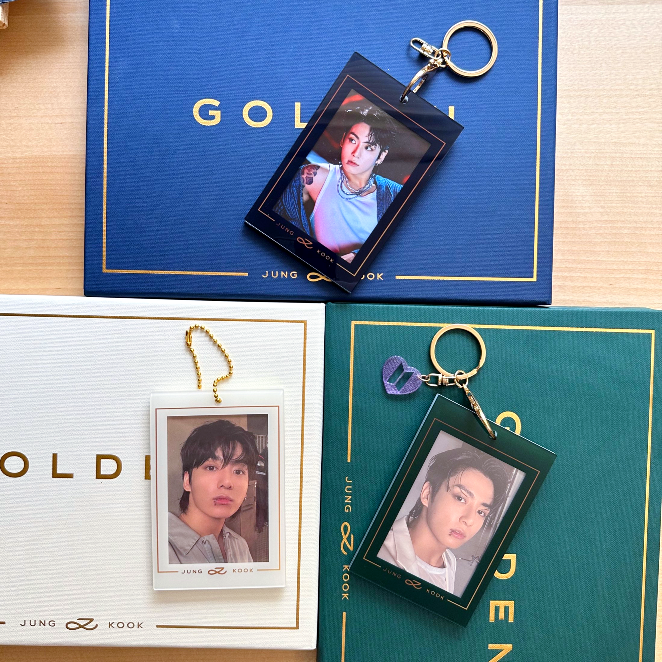 Jungkook Golden acrylic photocard holder keychain with gold ball chain clasp and cute decorative charm — view 2