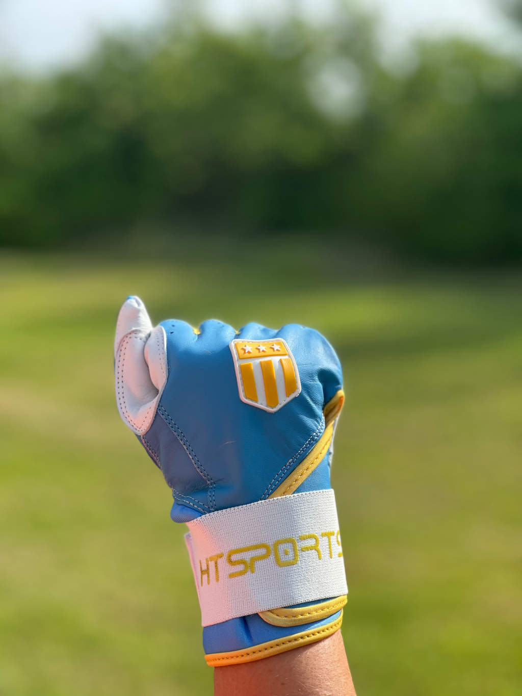 Boston City light blue and white long cuff batting glove made of premium leather — view 4