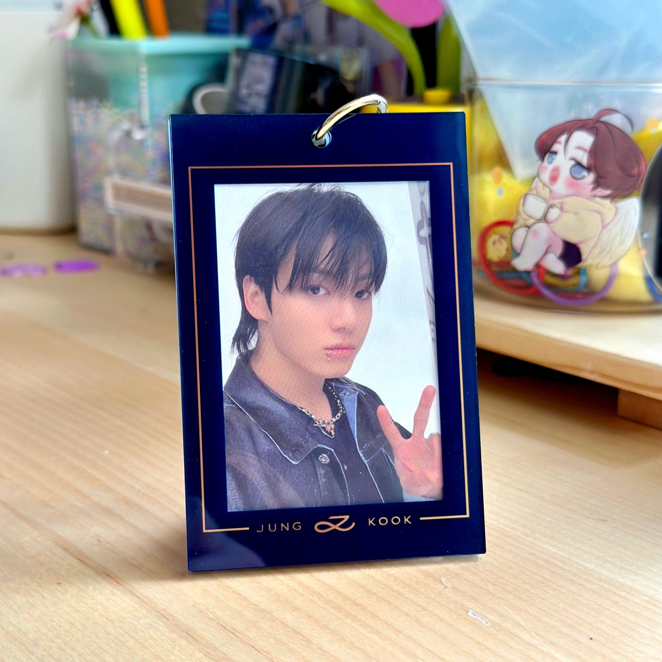 Jungkook Golden acrylic photocard holder keychain with gold ball chain clasp and cute decorative charm — view 4