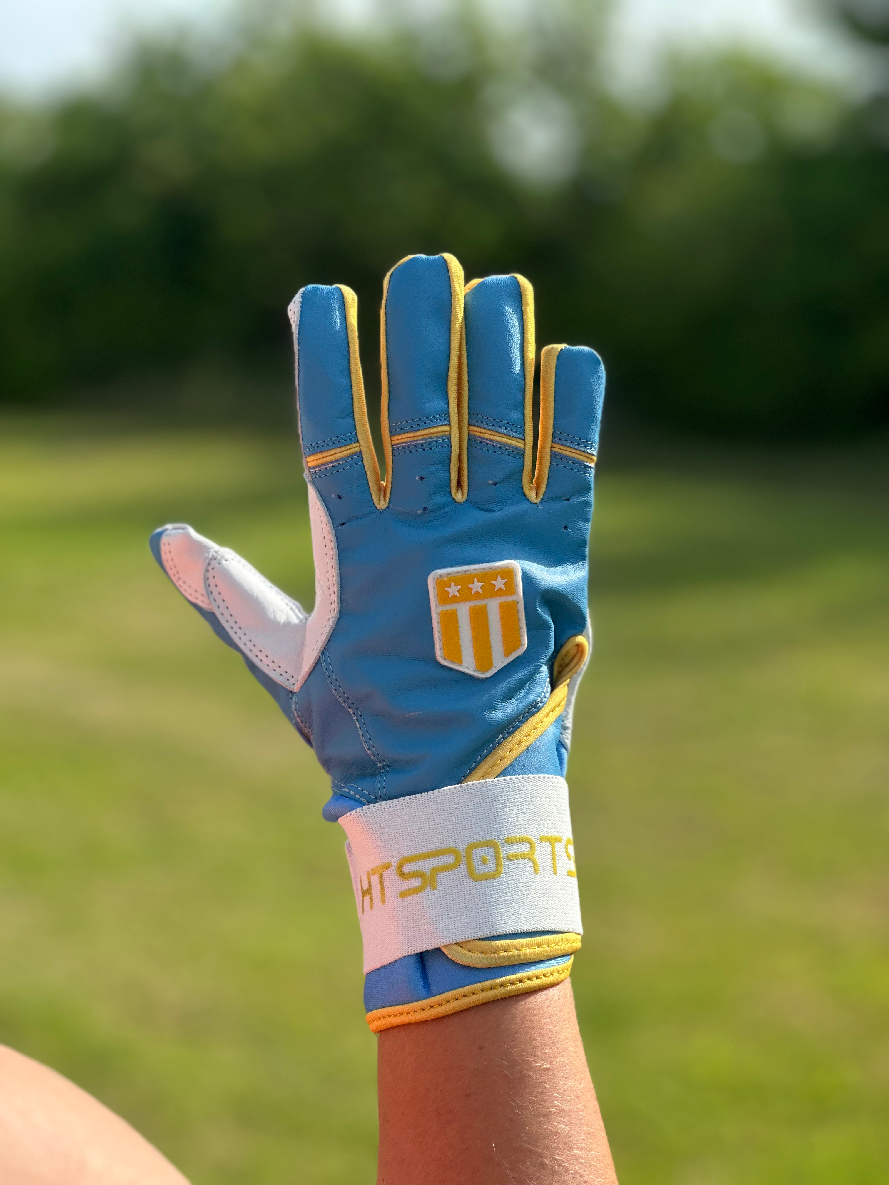 Boston City light blue and white long cuff batting glove made of premium leather — view 6
