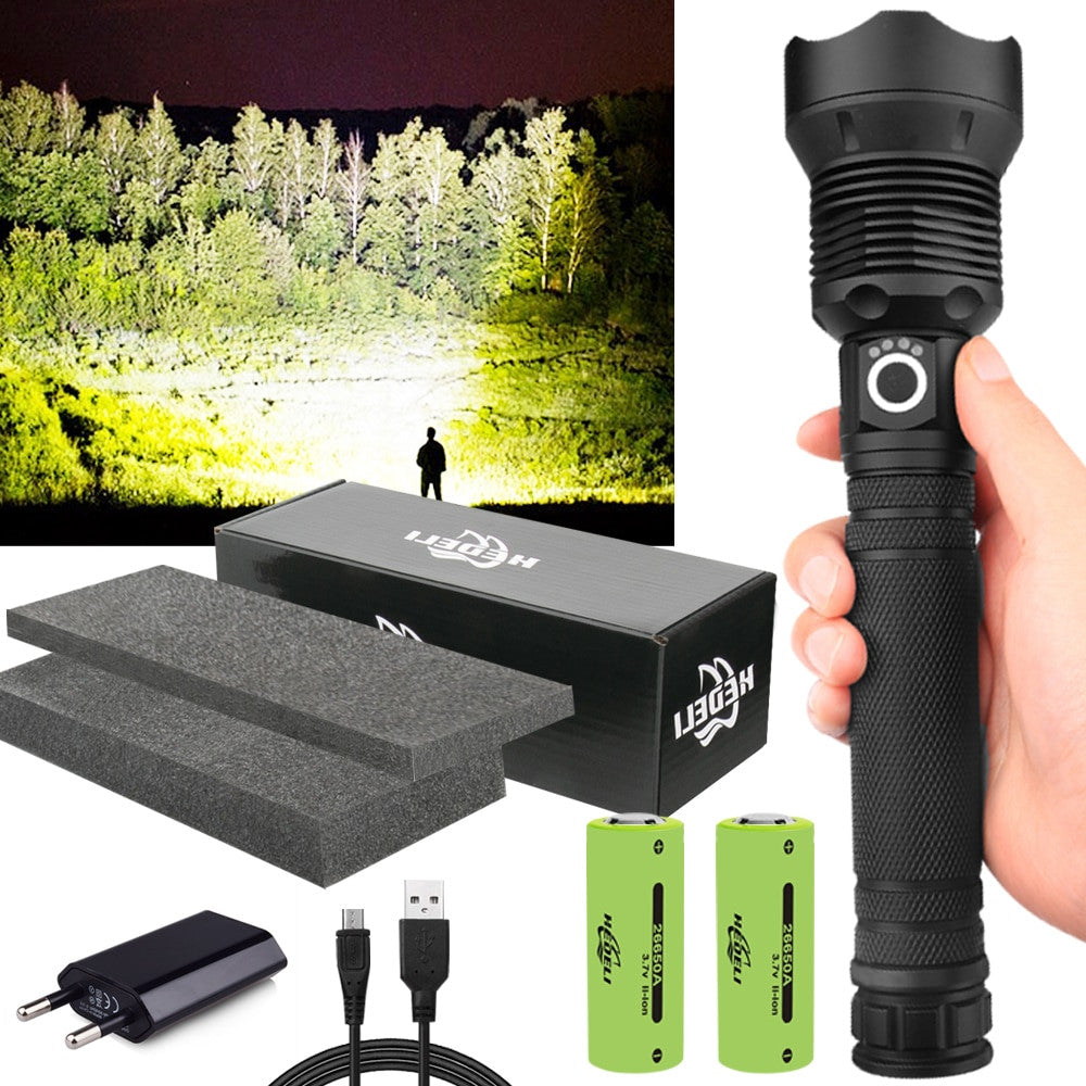 Black aluminum alloy tactical LED flashlight with zoomable lens and waterproof exterior