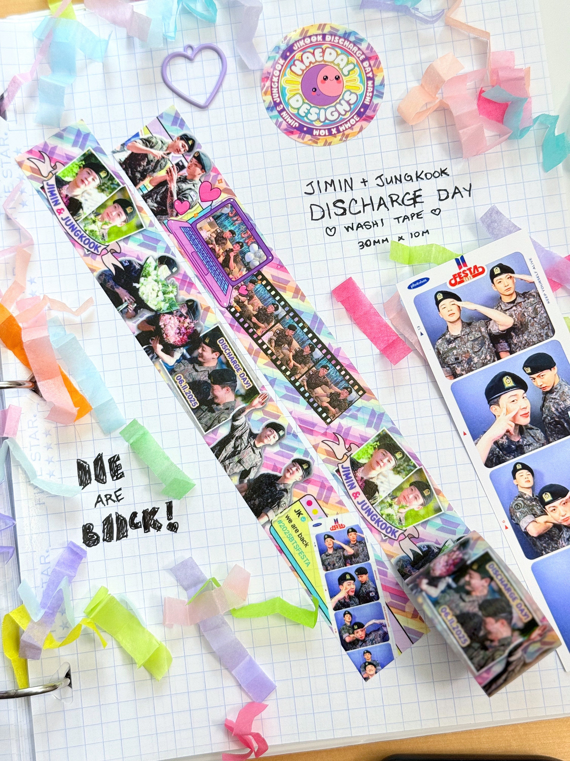 Jimin and Jungkook discharge day washi tape roll featuring printed snapshot designs for scrapbooking — view 5
