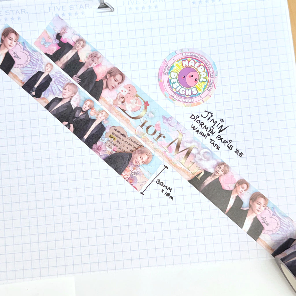 Wide DiorMin 30mm washi tape with pastel clouds, butterflies, and gold foil lettering for aesthetic journaling — view 4