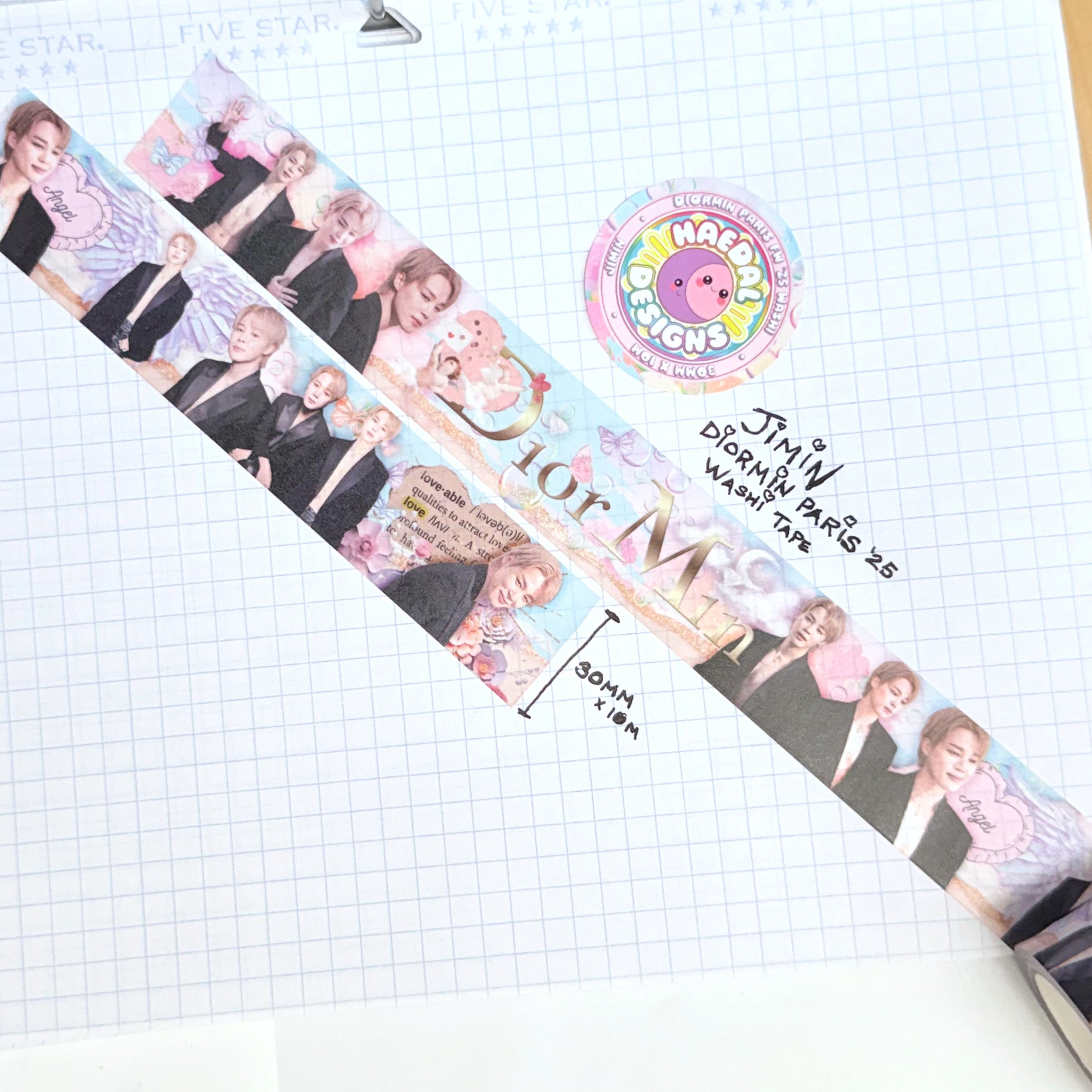 Wide DiorMin 30mm washi tape with pastel clouds, butterflies, and gold foil lettering for aesthetic journaling — view 4